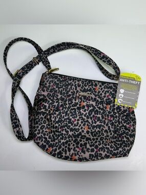 NWT Travelon Anti-Theft Shoulder Bag Leopard Print Slash-Proof Panels & Locking